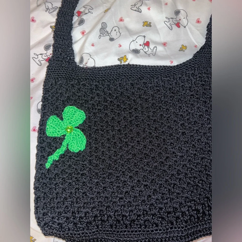 Handmade Black Crochet Bag with Green Clover - Picture 3 of 5